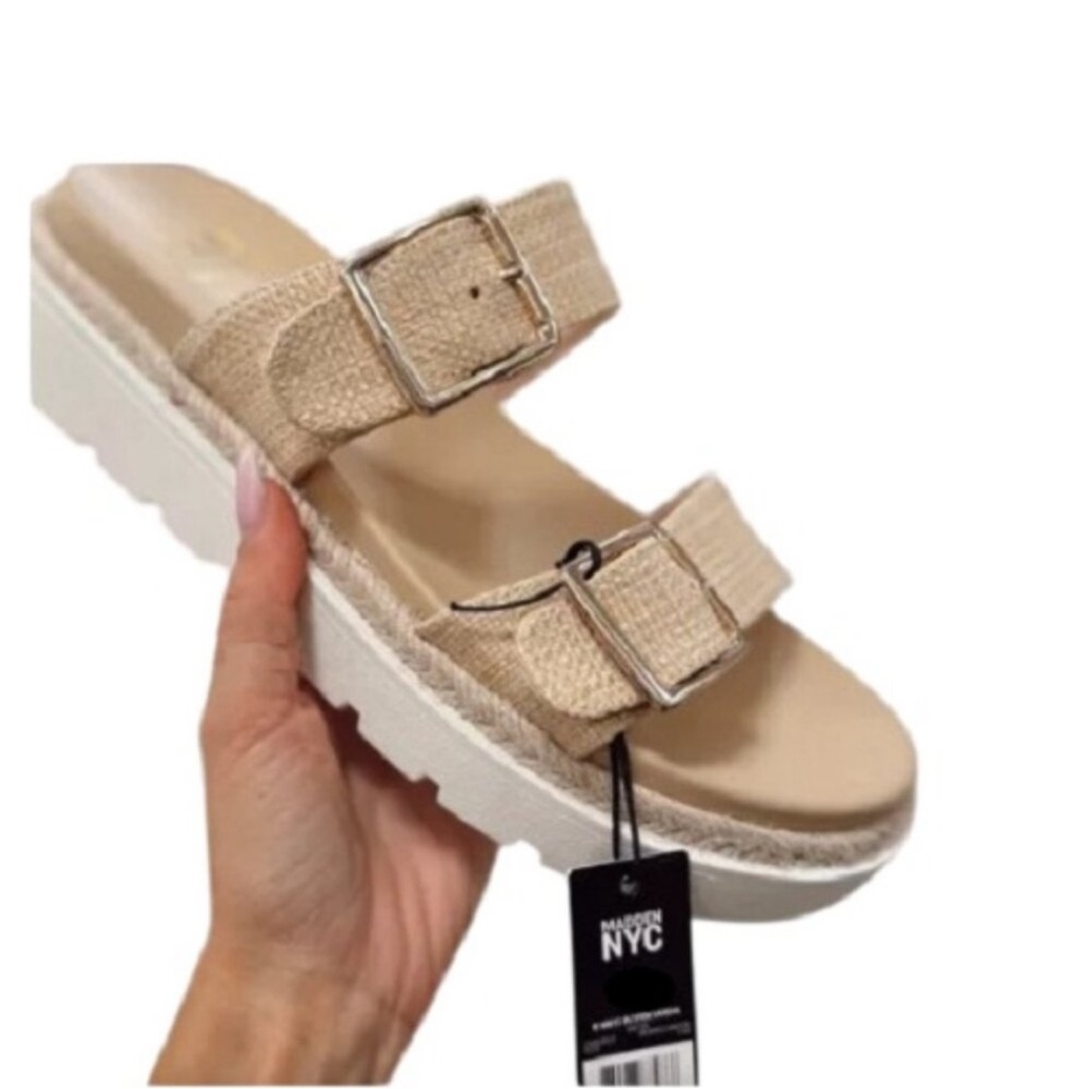 Madden NYC WMNs Raffia Cushion Contour Footbed Two Strap Sandals Size 8